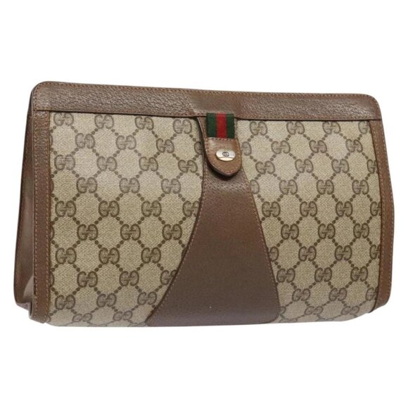 GUCCI GG Supreme Web Sherry Line Clutch Bag PVC Beige Gold 89 01 033 Auth 139749 - Picture 1 of 16
